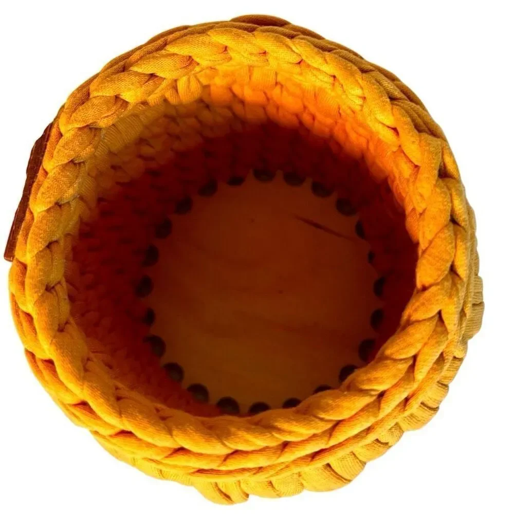 Small Crochet Basket, Eco Storage Basket, Handmade Golden Yellow Wood Bottom